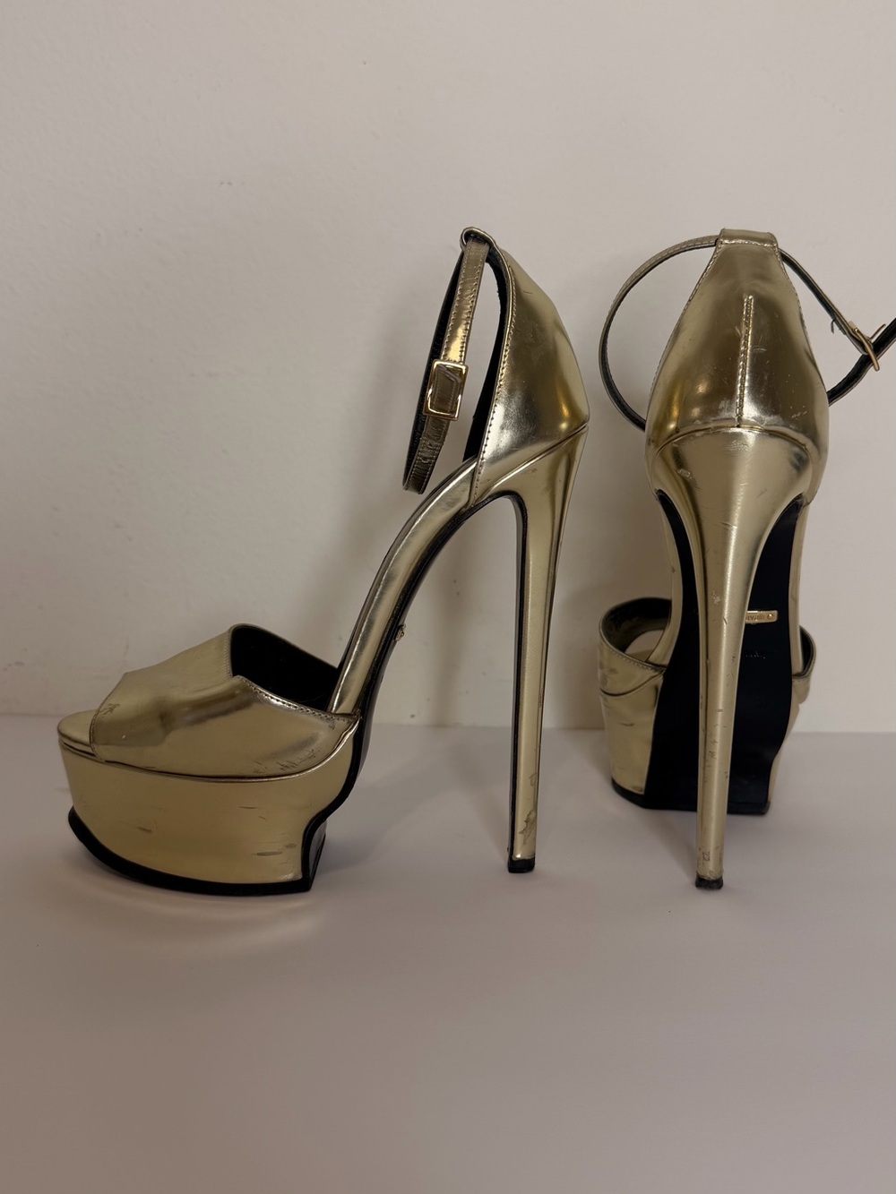 Roberto Cavalli Metallic Gold Platform Stiletto Sandals with Ankle Strap